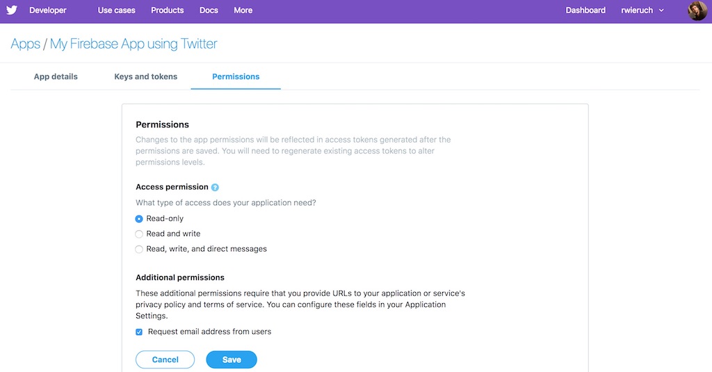 twitter app permissions email